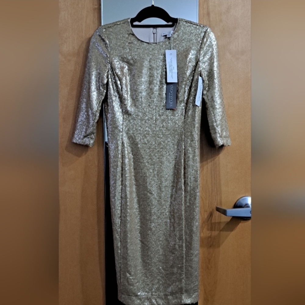 ✨ Eva Mendes for New York & Co Gold Sequin 3/4 Sleeve Dress NWT